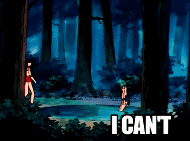 a woman in a red dress is standing in a forest with the words me neither i can t