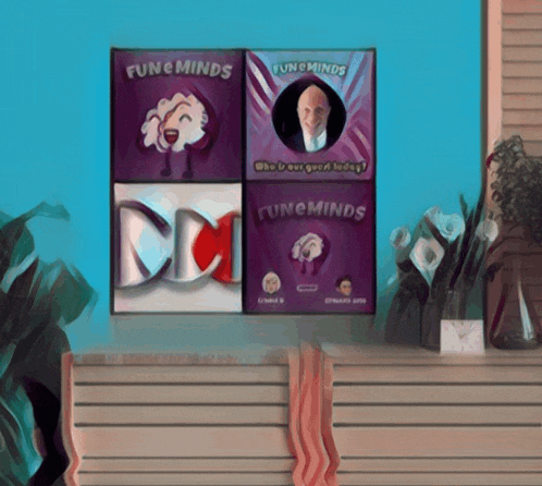 four posters on a wall with one that says ' fun & minds ' on it