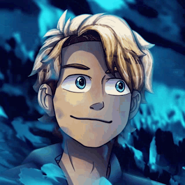 a cartoon character with blonde hair and blue eyes looks at the camera