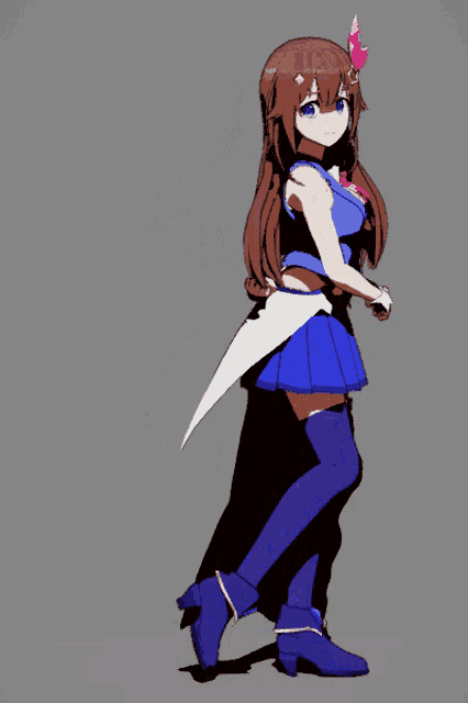 a drawing of a girl with long brown hair and blue pants