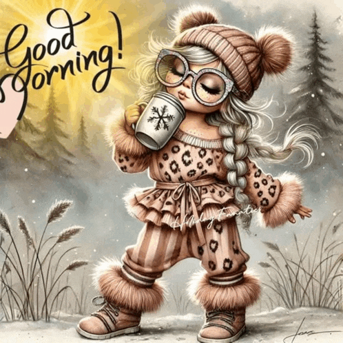a little girl in a leopard print outfit is holding a cup of coffee with the words good morning written on it