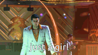 a man in a white suit is standing in a room with the words just a girl on the bottom