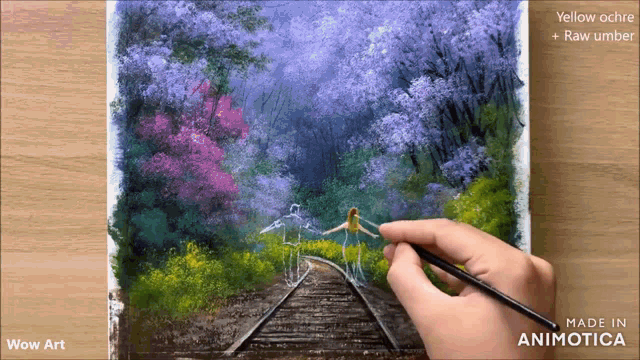 a painting of a man and woman walking down train tracks is made in animatica