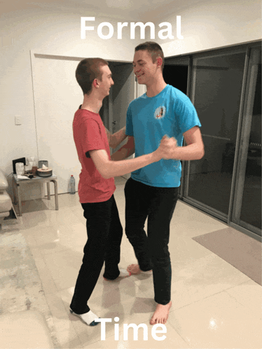 two young men are dancing in a living room with the words formal time above them