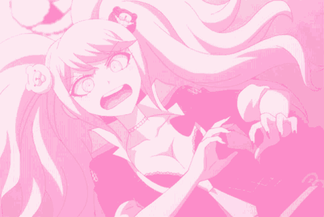 a girl with long pink hair and a skull on her head