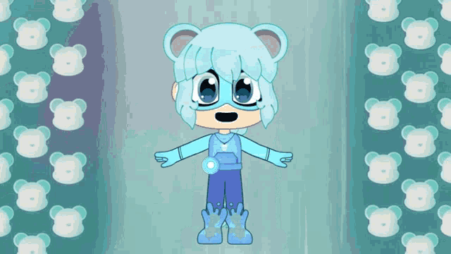 a cartoon character with blue hair and a mask is standing in front of a wall of teddy bears