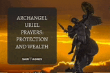 a statue of archangel uriel with prayers for protection and wealth written on it