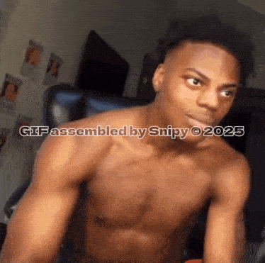 a shirtless man is sitting in a chair with the words gif assembled by snipy 2025 on the bottom