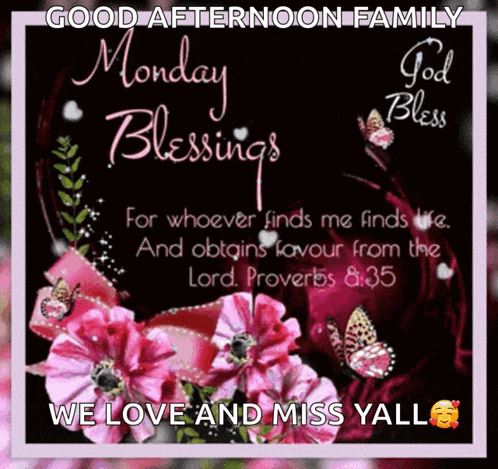 a good afternoon family monday blessings greeting card with pink flowers and butterflies