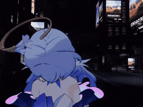 a girl with blue hair is standing in front of a billboard that says orange on it