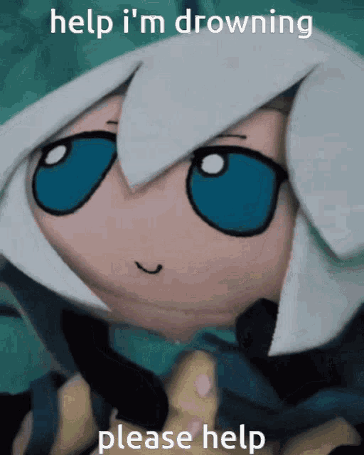 a cartoon character with white hair and blue eyes asking for help
