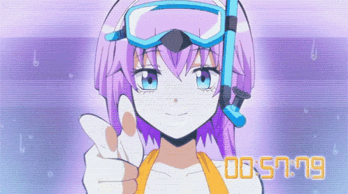 a girl with purple hair is wearing goggles and a snorkel and the time reads 00:57