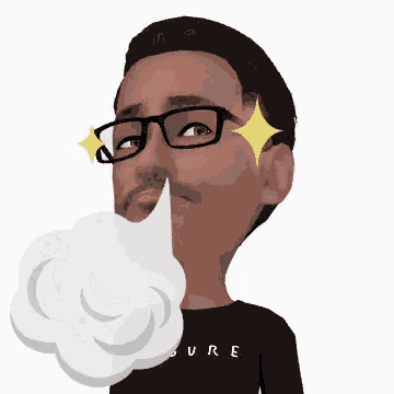a man wearing glasses and a shirt that says sure is blowing a cloud
