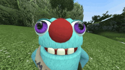 a blue monster with purple eyes and a red nose is standing in the grass
