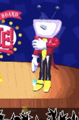 a cartoon character stands on a stage with a sign that says board in the background