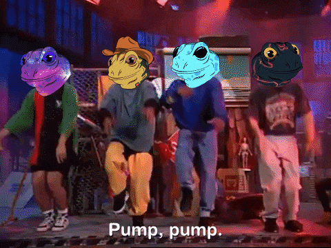a group of people are dancing with frogs on their faces and the words pump pump are on the bottom