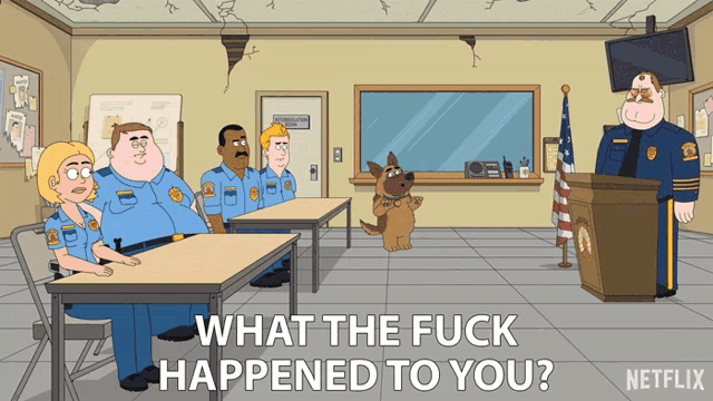 a cartoon of a police officer giving a speech with the words " what the fuck happened to you " at the bottom