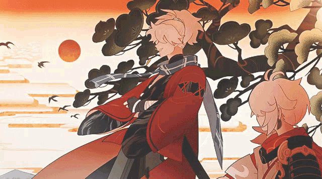 a couple of anime characters standing under a tree with the sun behind them