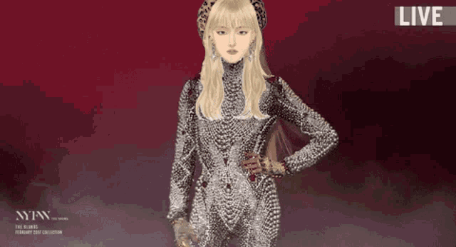 a drawing of a woman wearing a silver jumpsuit with the words nyin on the bottom