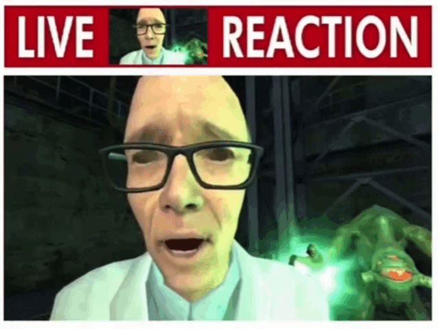 a cartoon of a man with glasses and a sign that says live reaction