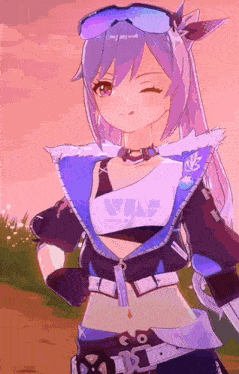 a girl with purple hair is wearing sunglasses and a vest that says vcap on it .