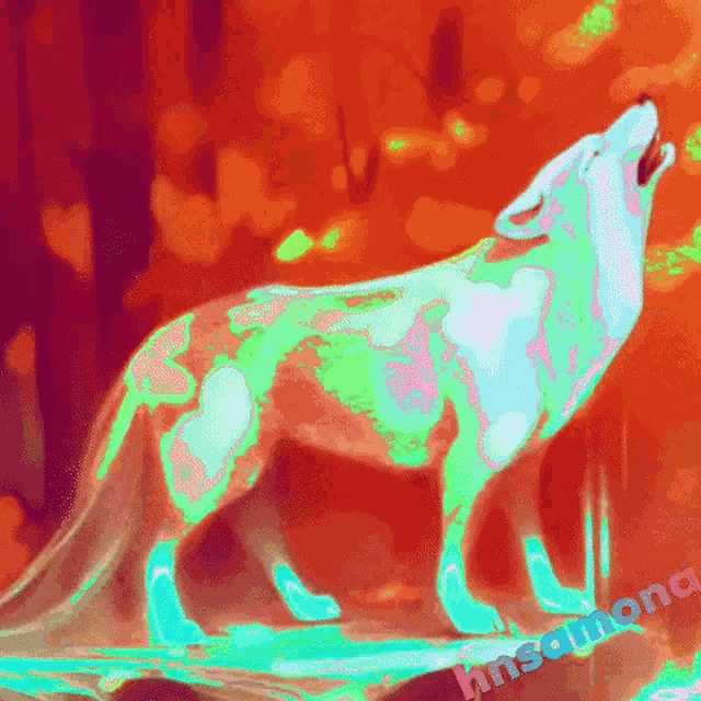 a colorful painting of a wolf howling with the word insane on the bottom