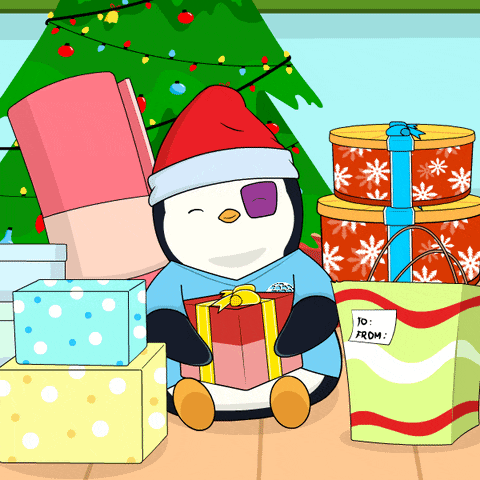 a penguin sits in front of a pile of christmas presents with a tag that says to from