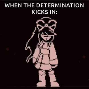 a pixel art of a man holding two swords with the caption when the determination kicks in .