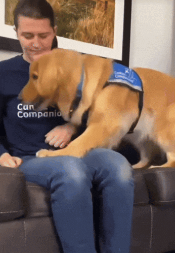 a man wearing a shirt that says can companion is sitting on a couch with a dog