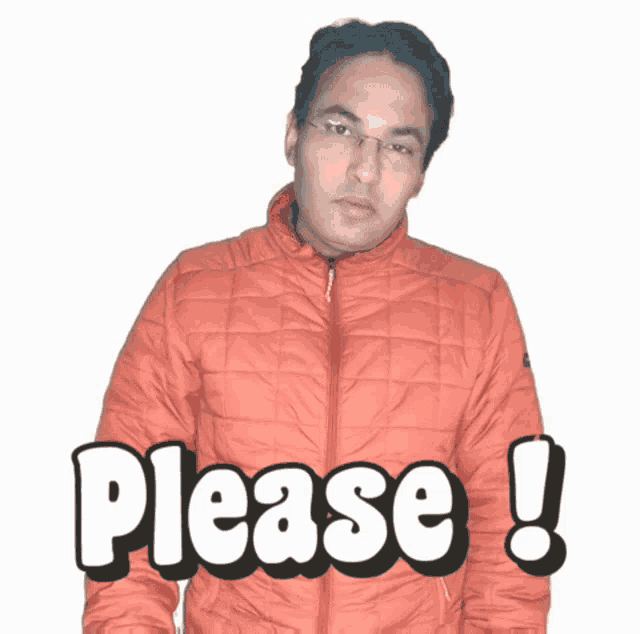 a man wearing an orange jacket with the word please on it