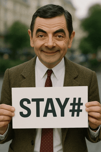 a man holding a sign that says stay #