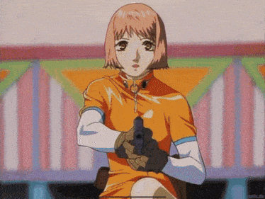 a girl in an orange shirt is holding a gun in her right hand