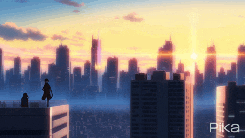 a sunset over a city with pika written below it