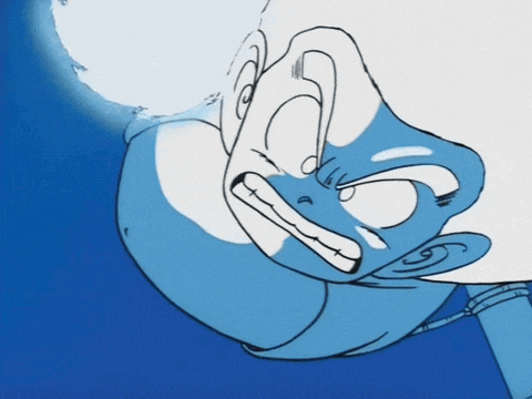 a blue and white cartoon character with a very angry expression