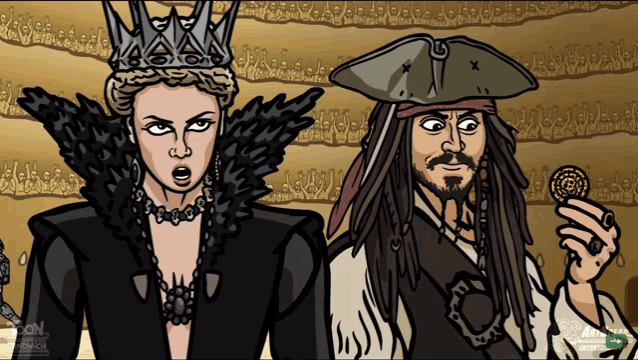 a cartoon of snow white and jack sparrow holding a coin