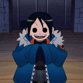 a cartoon character is wearing a blue jacket and a black shirt that says m on it