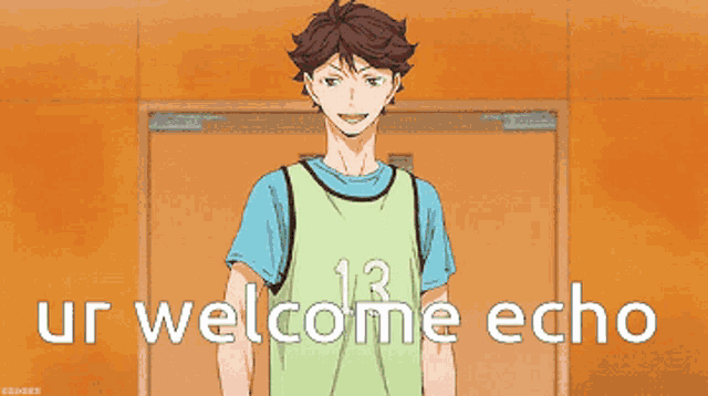 a man is holding a volleyball with the words " ur welcome echo " behind him