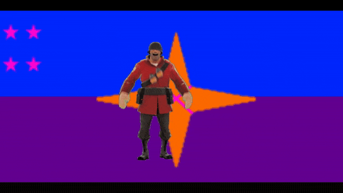 a man in a red uniform is kneeling in front of a colorful background with stars