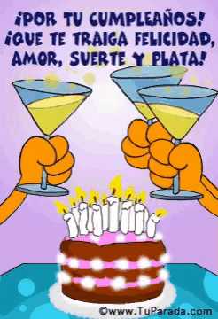 a cartoon greeting card with a cake and candles says " por tu cumpleanos "