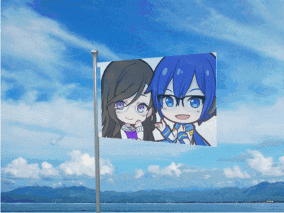a flag with a picture of a girl and a boy on it against a blue sky