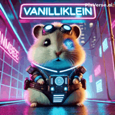 a hamster in a futuristic outfit with a neon sign that says vanilla klein