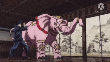 a man is standing next to a pink robotic elephant in a room that says kinemaster on the bottom