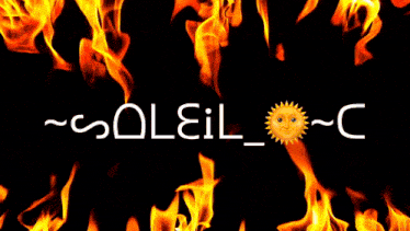 the word soleil is on a black background with flames behind it
