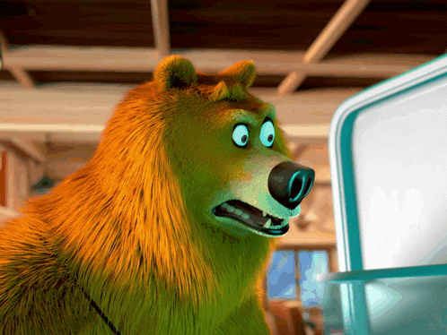 a cartoon bear with a surprised look on his face is standing in front of a refrigerator