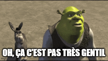 shrek and donkey are standing next to each other and shrek says oh ca c ' est pas tres gentil