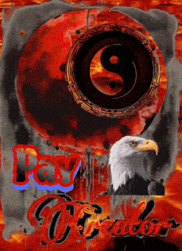 a poster with a bald eagle and a yin yang symbol with the words pay o'reator below it
