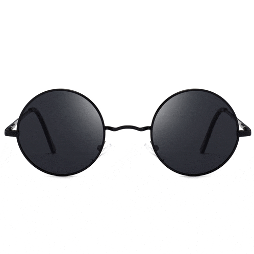 a pair of round sunglasses with black lenses and a black frame