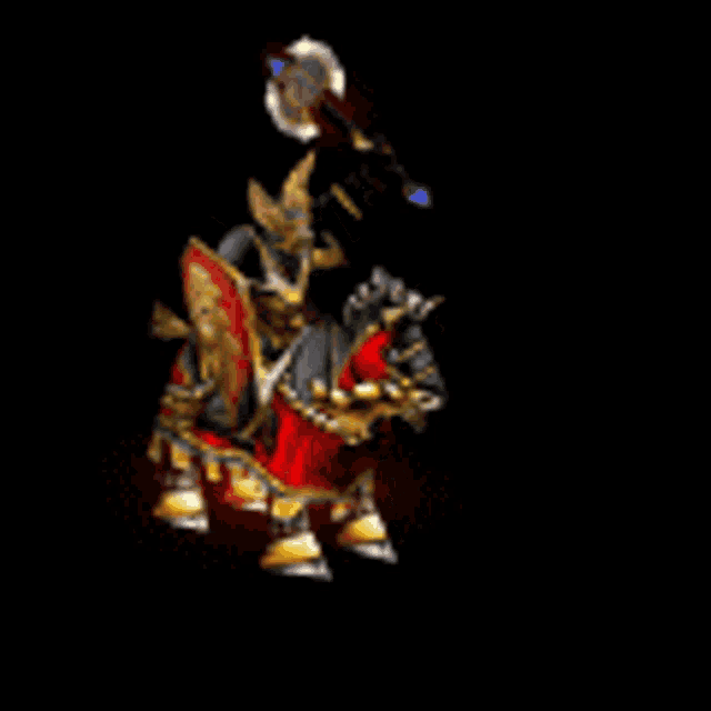 a knight is riding on the back of a red horse .