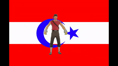 a man is jumping over a blue crescent moon and a blue star