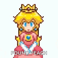 princess peach is wearing a crown and a pink dress and says `` found peach '' .